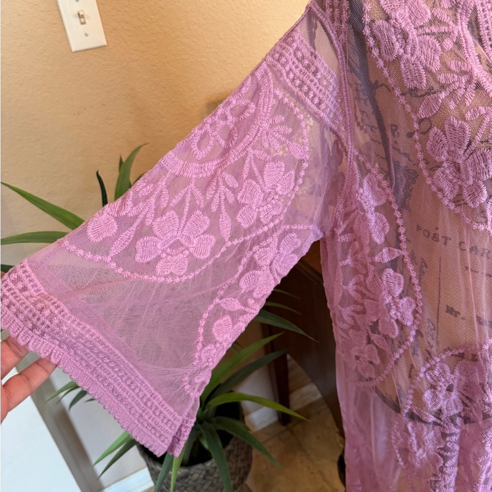 Forgotten Grace Vibrant Lavender Lace Embroidered Floral Sheer Kimono Duster - Picture 5 of 13